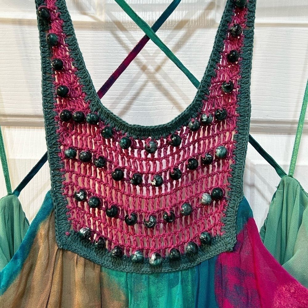 NWT Zara Beaded Halter Maxi Dress Sz M Bold‎ Watercolor Crochet Boho Free Spirit - Picture 4 of 12